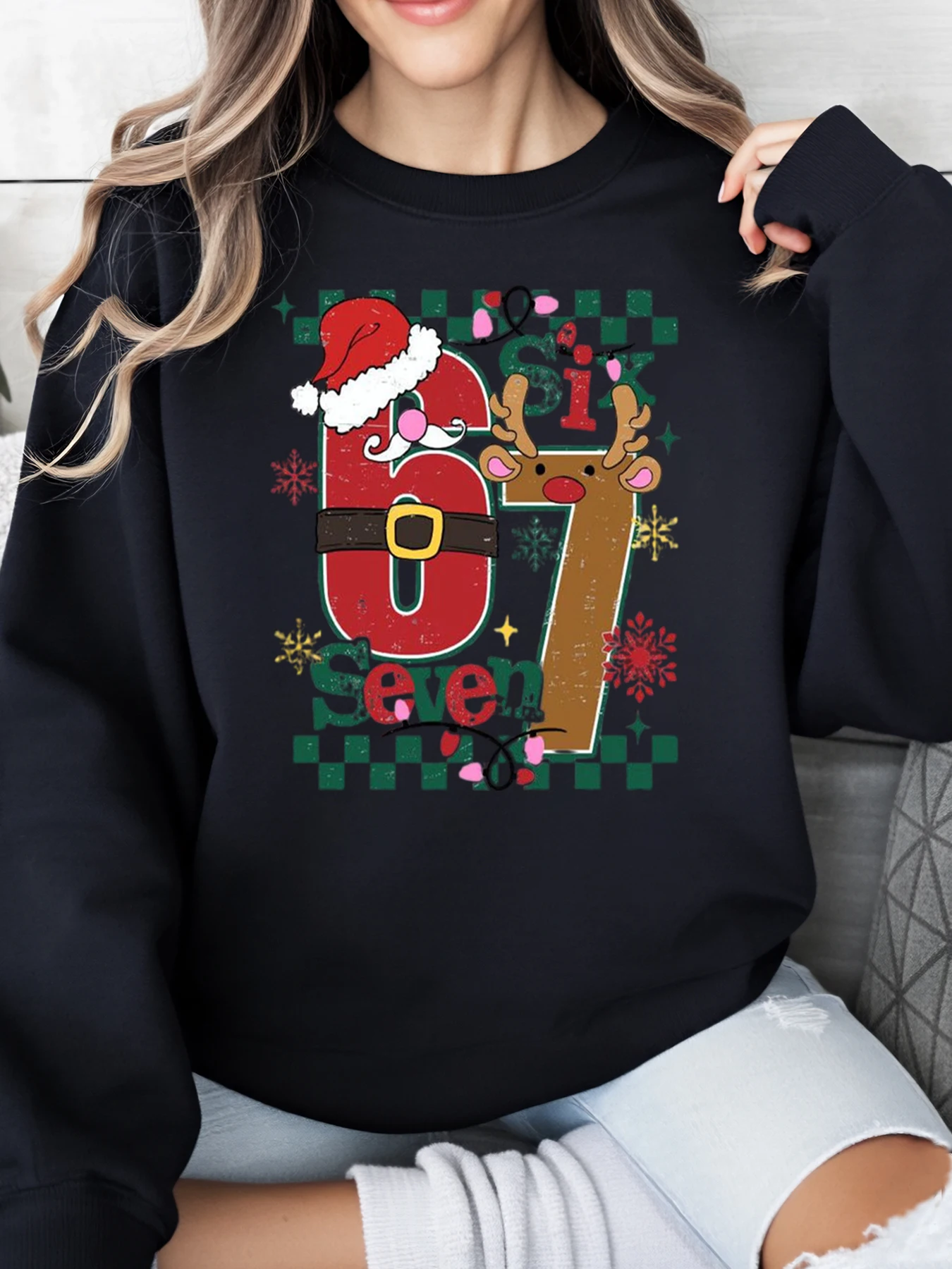 

Santa and Reindeer Number 67 Print Christmas Sweatshirt Women Casual Holiday Party Wear Black Plus-Size