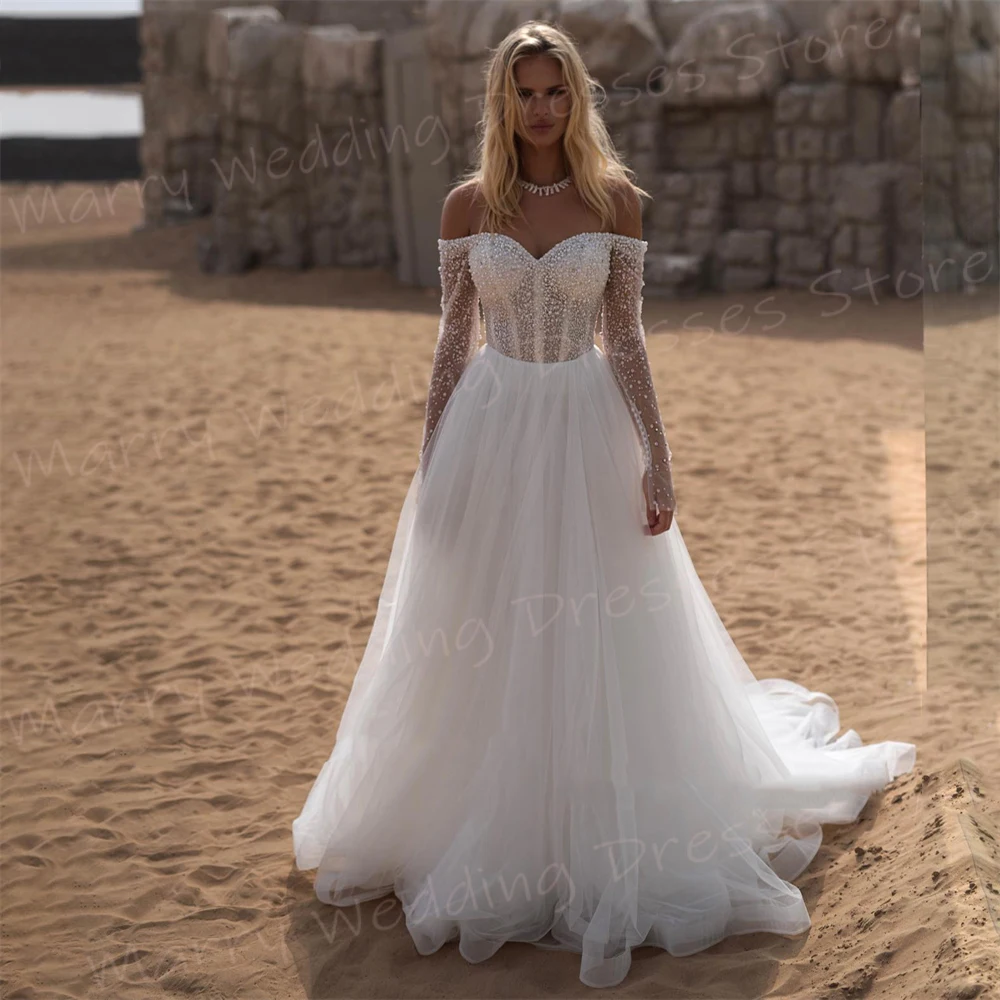 

Gorgeous Romantic A Line Women's Wedding Dresses Charming Off The Shoulder Bride Gowns Long Sleeve Beach Vestidos Novias Boda