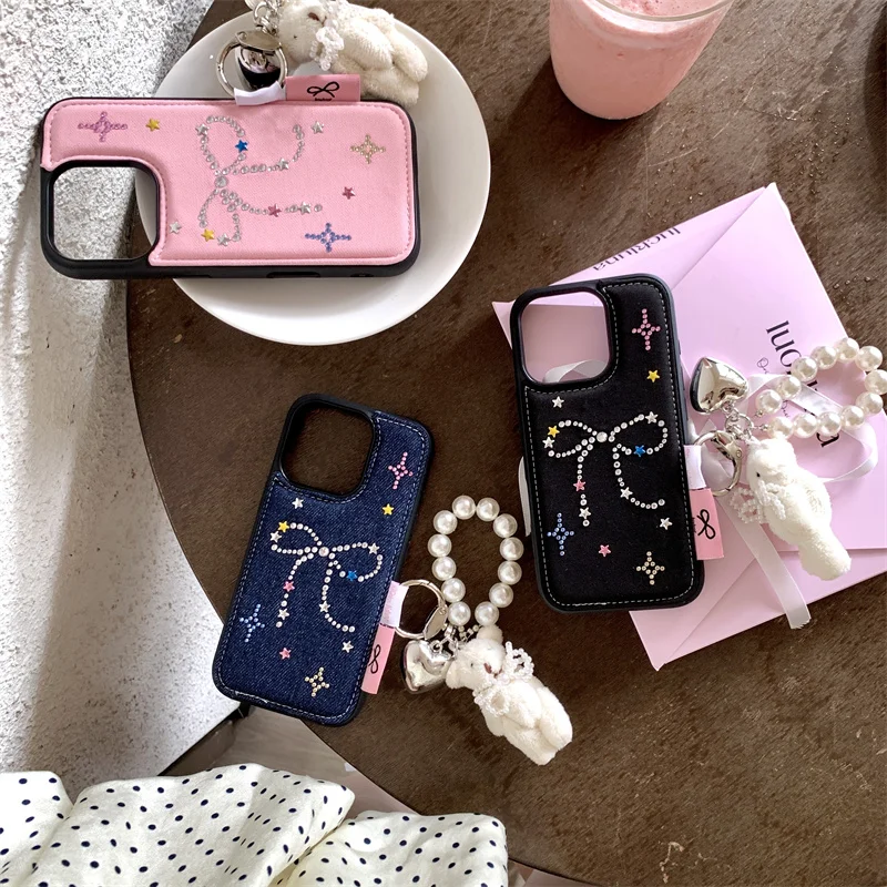 Korean Cute Diamond Bow Denim Phone Case For iPhone 16 Pro 14 13 15 Pro Max Cover with Plus Rabbit Keychain Cases 16 Promax Capa