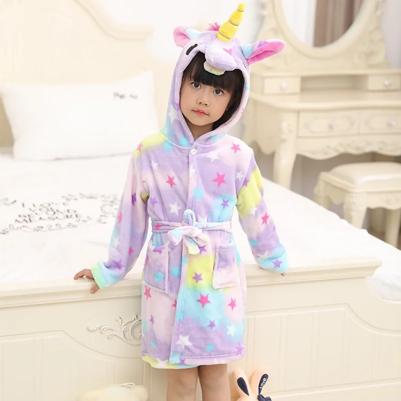 

Flannel Unicorn Cartoon Animal Bathrobe for Children, Hooded Warm Pajamas, Cute Home Clothes, Autumn and Winter