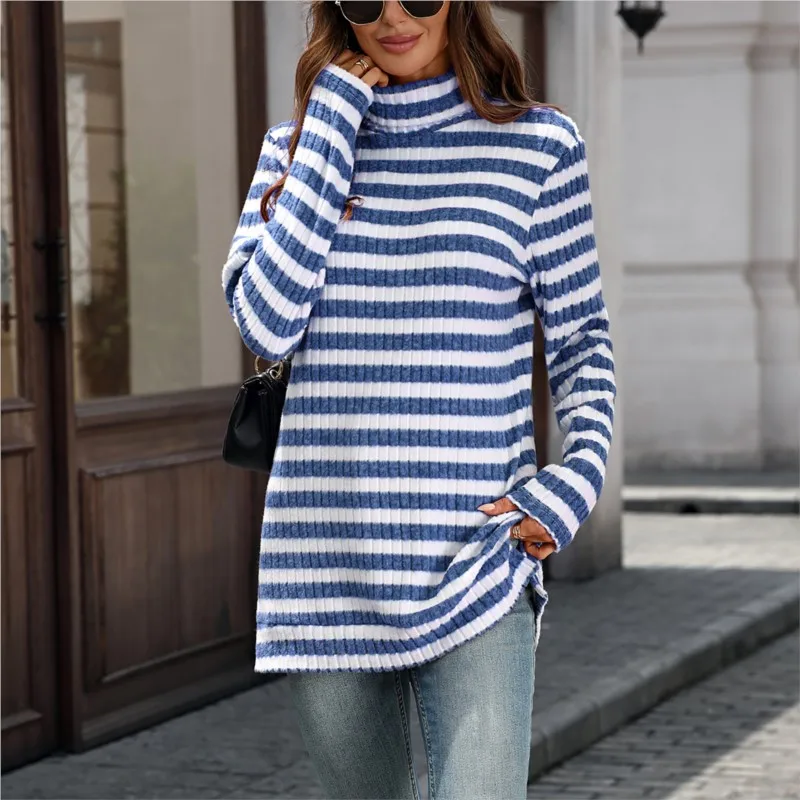 

Striped Fashion Sweater New Autumn Winter Women's Wear New Solid Color High Collar Split Pit Strip Loose T-shirt Top Ropa Mujer