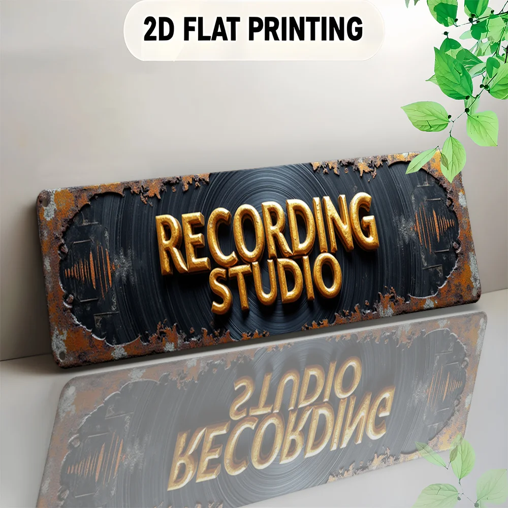 2D Flat, Vintage Recording Studio Metal Sign - Large 3.94x15.75 Inch (10x40cm) Music Decor with Golden Lettering & Sound Waves -