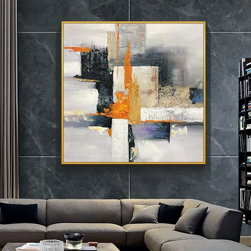 Handmade Large Textured Oil Painting On Canvas Modern Abstract Geometry Wall Art Pictures Square Paintings Orange Wall Decor