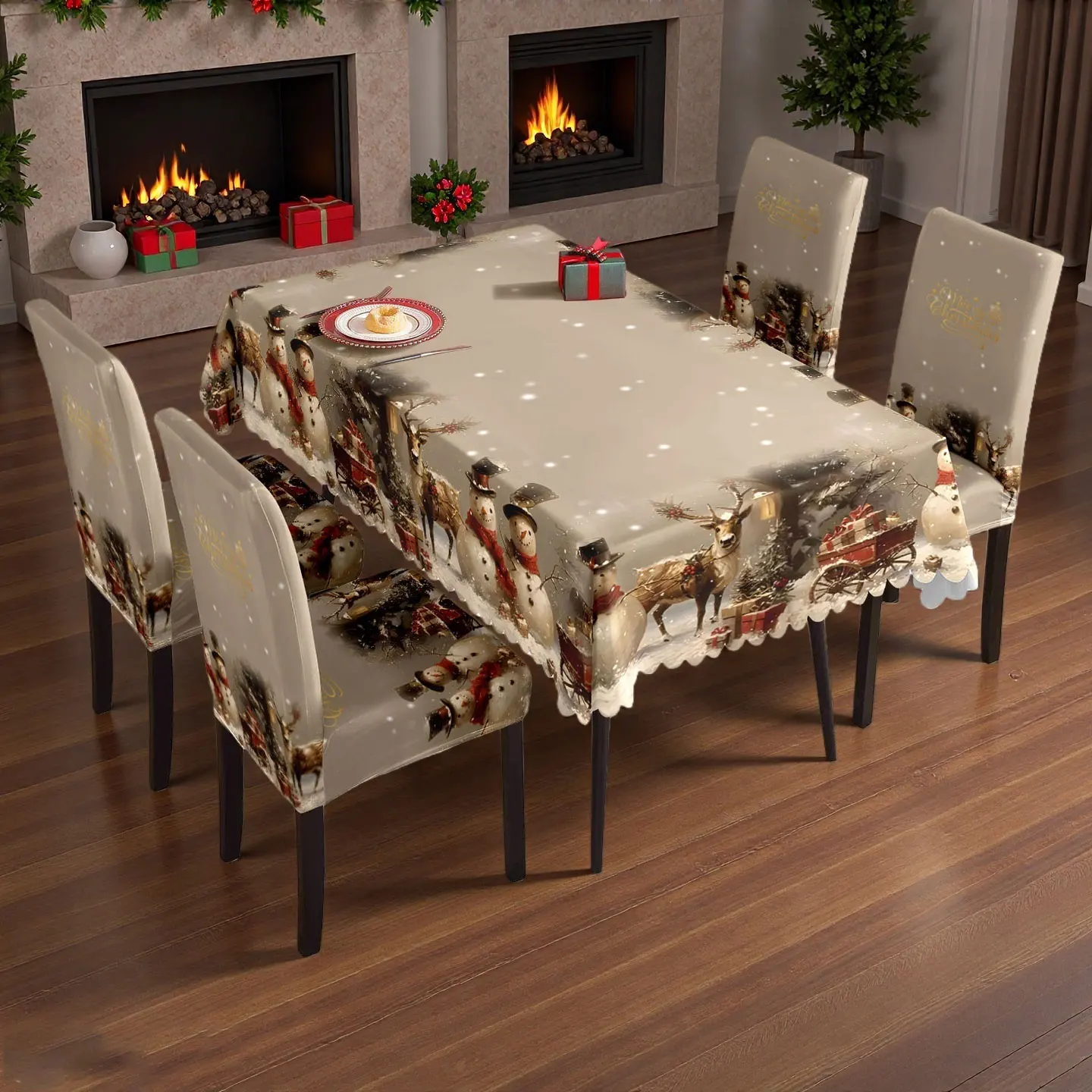 5/7pcs Vintage Christmas Tablecloth & Chair Covers Set with Snowman & Reindeer Print, Elastic Slipcovers for Dining Room