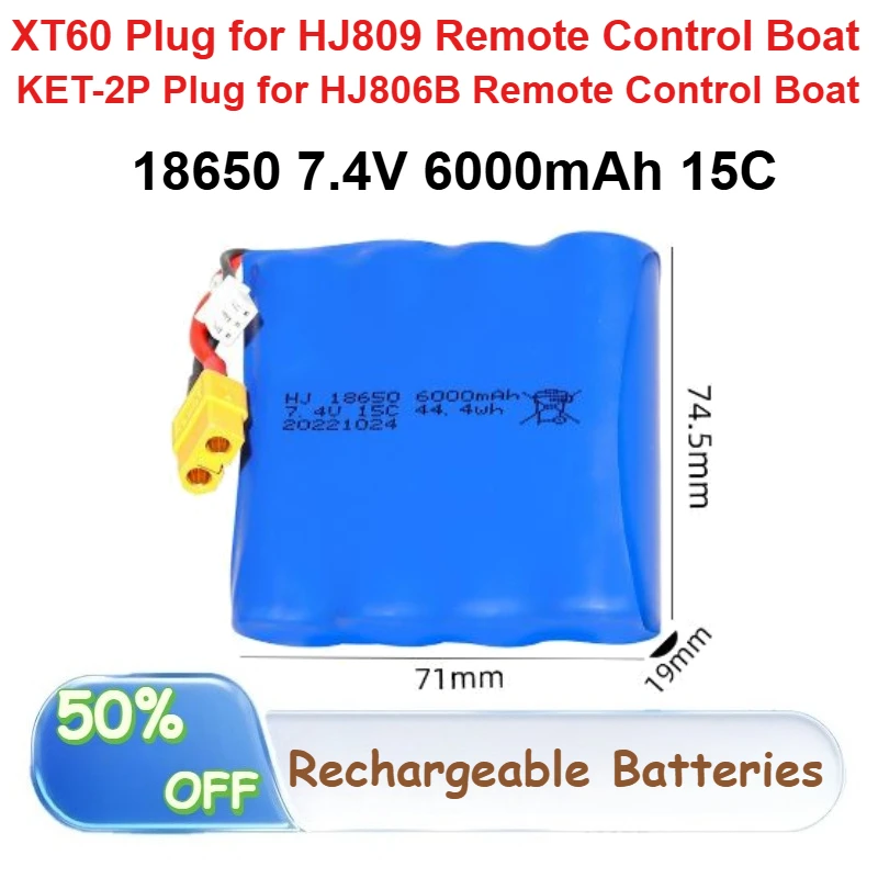 

18650 7.4V Lithium Battery Pack 6000mAh 15C for HJ809 HJ806B Remote Control Boat Electronic Toy Gun Rechargeable Batteries