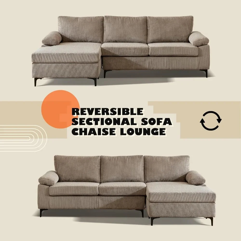 Sofá seccional de 100", sofá reversible moderno de pana, sofá de 3 asientos en forma de L con chaise longue para sala de estar, Camel