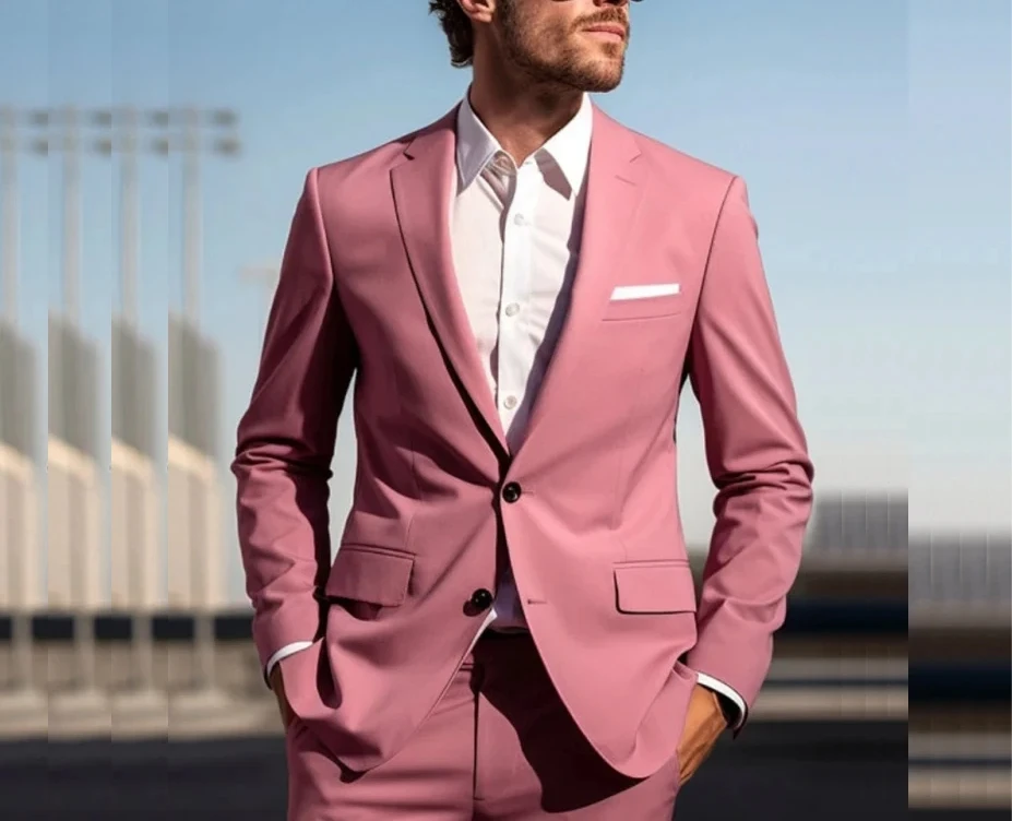 Pink Men\'s Suits Blazer Notched Lapel Flat Regular Outfits 2 Piece Jacket Pants Full Set Wedding Clothing Trajes De Hombre
