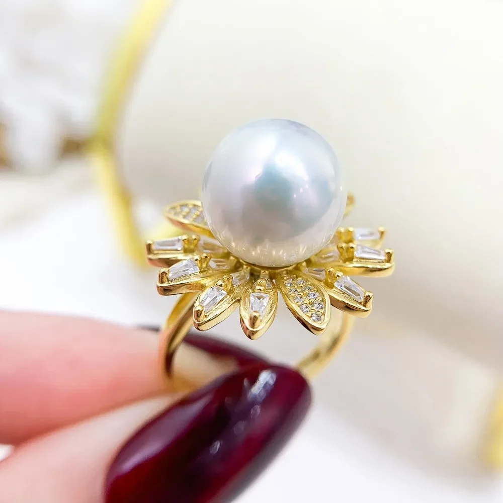 

DIY Pearl Ring Accessories S925 Sterling Silver Ring Empty Holder Fashion Gold Silver Jewelry Fit 10-13mm Round Z462