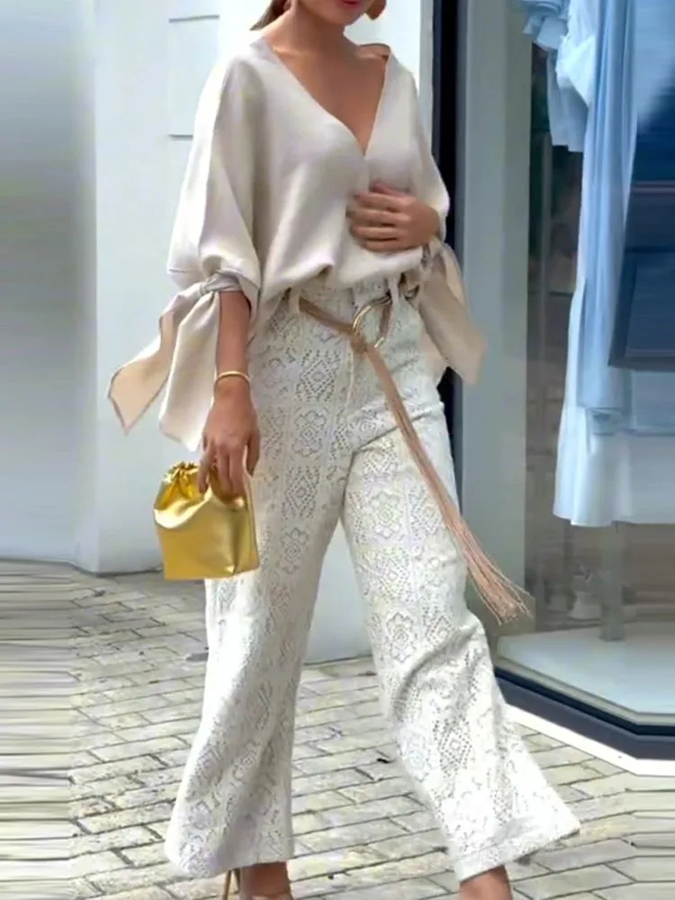 Chique Kant Gehaakte Rechte Broek Outfit Elegant Hoog Taille Woon-werkpak Mode Temperament Lange Mouwen Dames 2-delige set