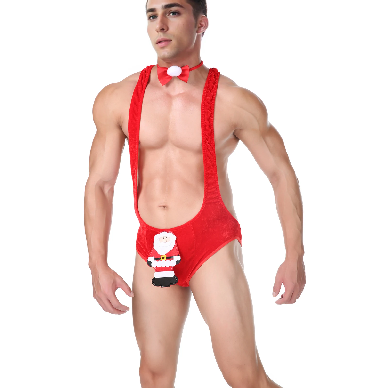 Disfraz de Papá Noel para hombre, lencería sexy y atractiva para Navidad, body tipo «mankini», con escote en forma de V pronunciado, lazo, tanga divertida, muñeco de nieve y alce.
