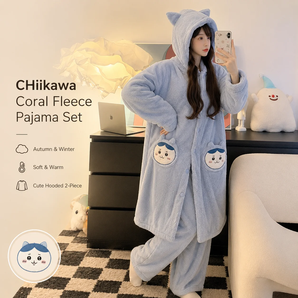 Chiikawa Hachiware Coral Fleece Hooded Pajama Set Autumn Winter Thick Warm Coral Fleece Pajama Halloween Cosplay Anime Them Gift
