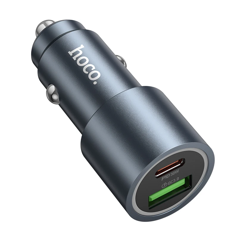 HOCO PD30W QC3.0 Dual Port Aluminum Alloy Car Charger For Samsung S24 S23 Car Lighter Slot Fast  Charging Adapter For iPhone 16