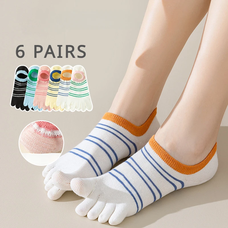 6 Pairs Five Finger Socks Women Striped No Show Slipper Toe Socks Invisible Non Slip Ankle Socks with Separate Fingers