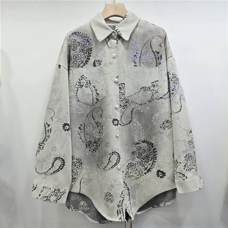 

SuperAen 2026 Spring New Design Pearls Jacquard Denim Long-Sleeved Shirt Coat for Women Loose Fashion Mid-Length Top