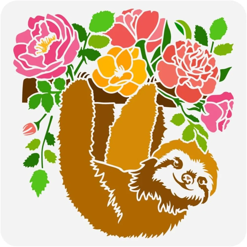 1pcs Sloth Branch Flowers Painting Stencil 11.8x11.8 inch Large Cute Sloth Pattern Painting Stencil Reusable Flowers Leaves