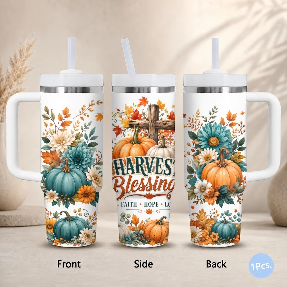 

Pumpkin And Cross Motif Vacuum Flasks 40oz Stainless Steel Insulated Tumbler with Handle Straw Lid Leakproof Travel Mug
