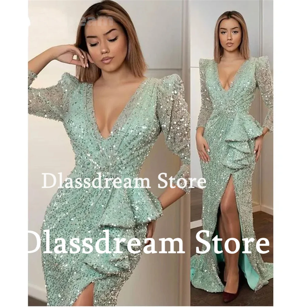 Nieuwe Luxe Prom Dress V-Hals Lange Mouwen Vrouwen Speciale Avondjurk Side Split Zeemeermin Vloer-Length Sparkly Feestjurk