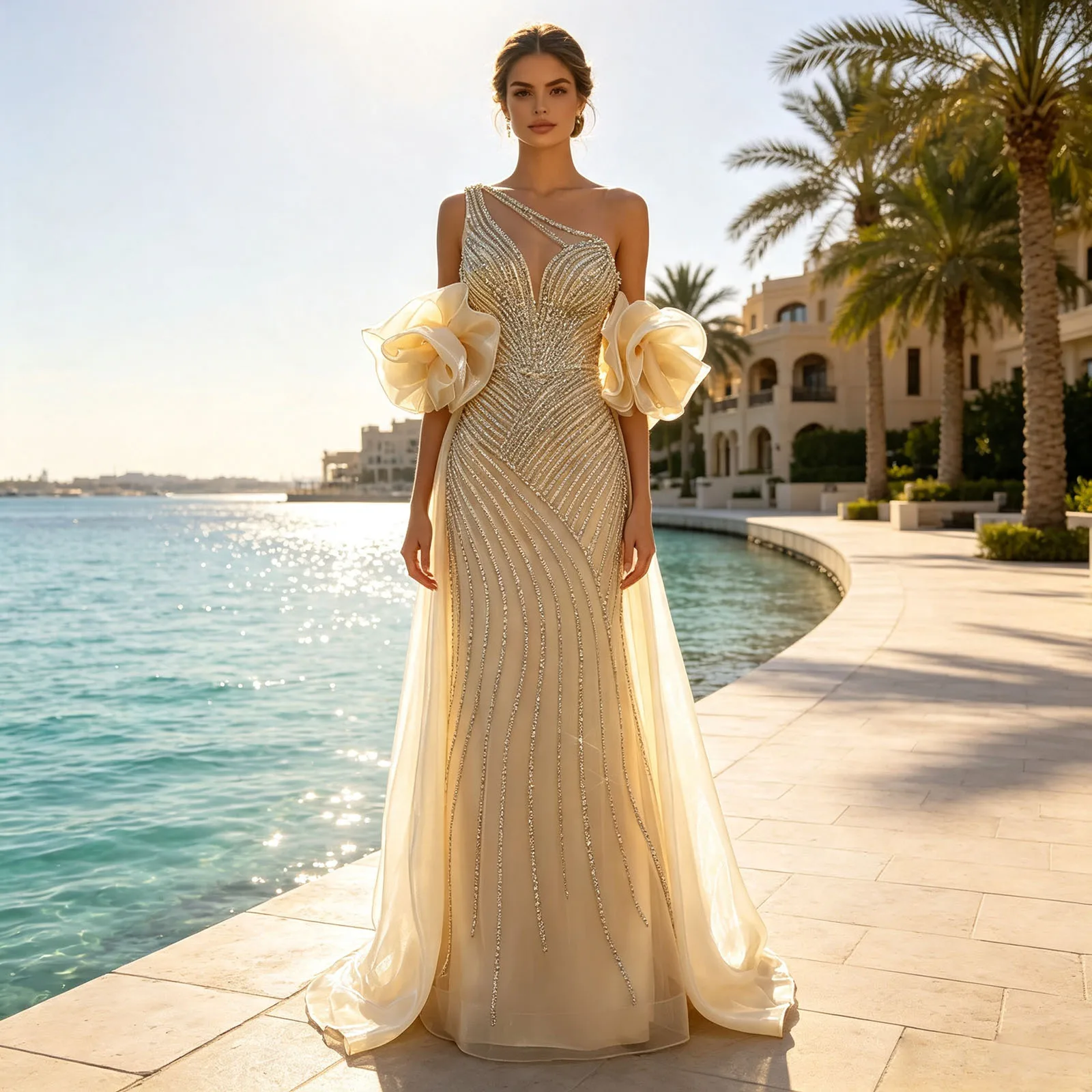 Eshault&bridal One-Shoulder-Meerjungfrauen-Abendkleid mit Perlen, abnehmbaren Ärmeln, langes formelles Ballkleid, Hochzeitskleid, maßgeschneidert 2026