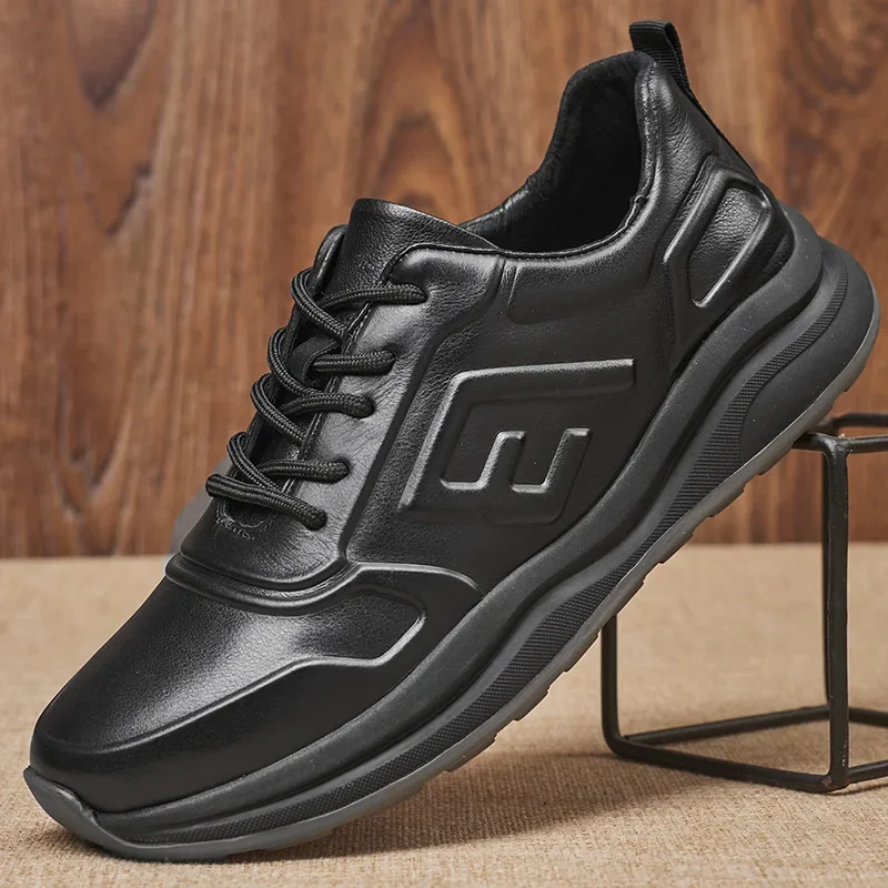 

Мужские повседневные туфли из натуральной кожи, дышащие, с тиснением, на толстой подошве, деловые износостойкие кроссовки, черные