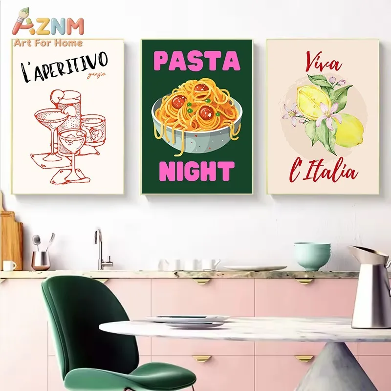 AZNM Retro Italian Food Canvas Wall Art Pasta Aperitivo Wine Lemon Italy Rule Text Print Unframed Canvas Painting For Dining Kit