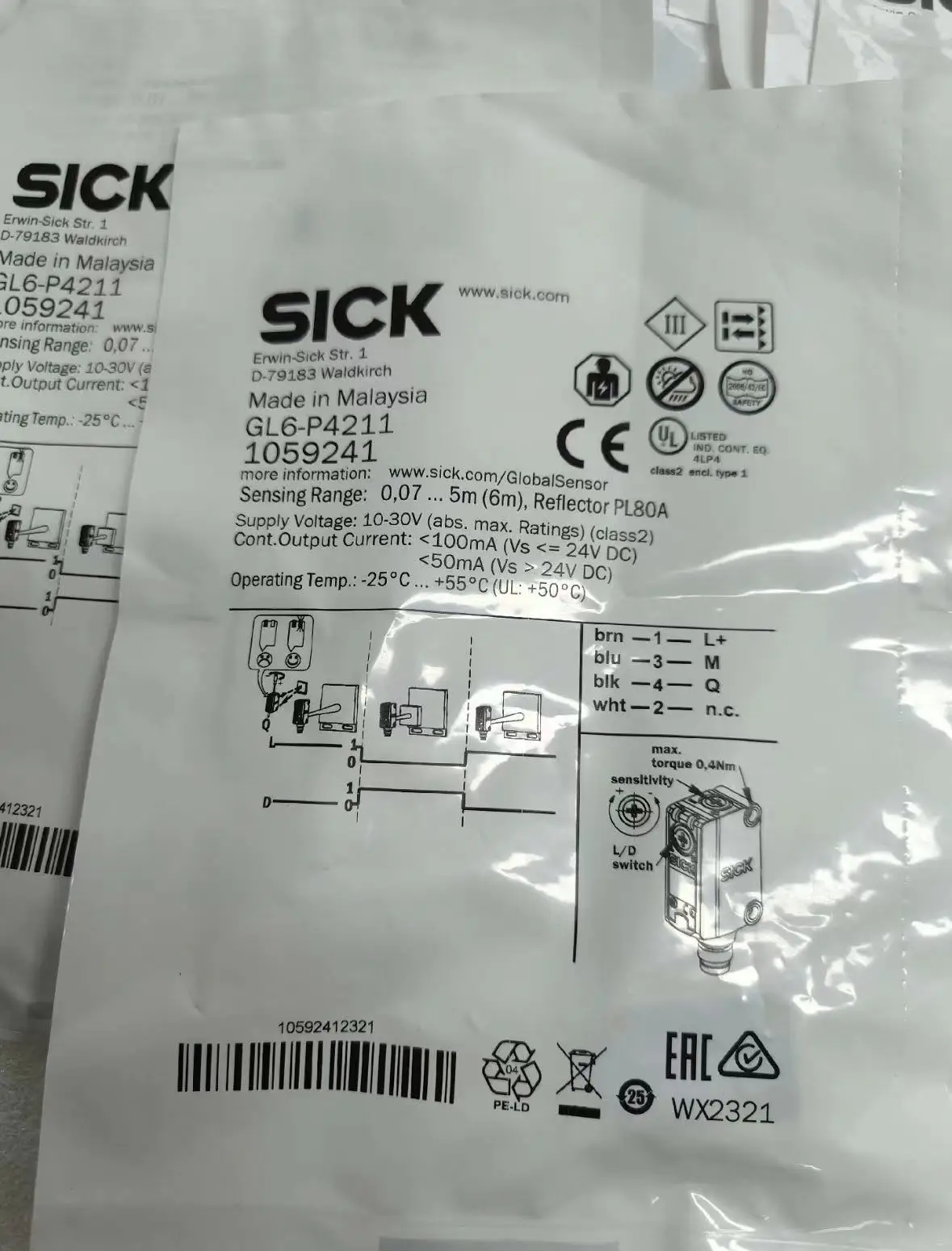 GL6-P4211 brand new and second-hand mini mirror-reflective photoelectric sensors, order number: 1059241, test functions working
