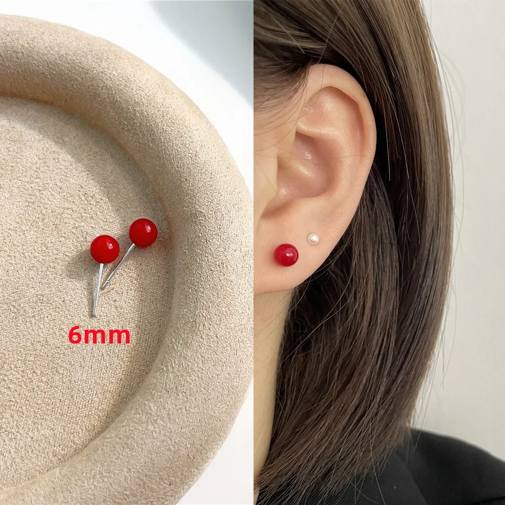 4mm 6mm 8mm 14mm Red Color Round Imitation Pearl Stud Earring for Women Elegant Romantic Temperament Jewelry Accessories Gift - view 5
