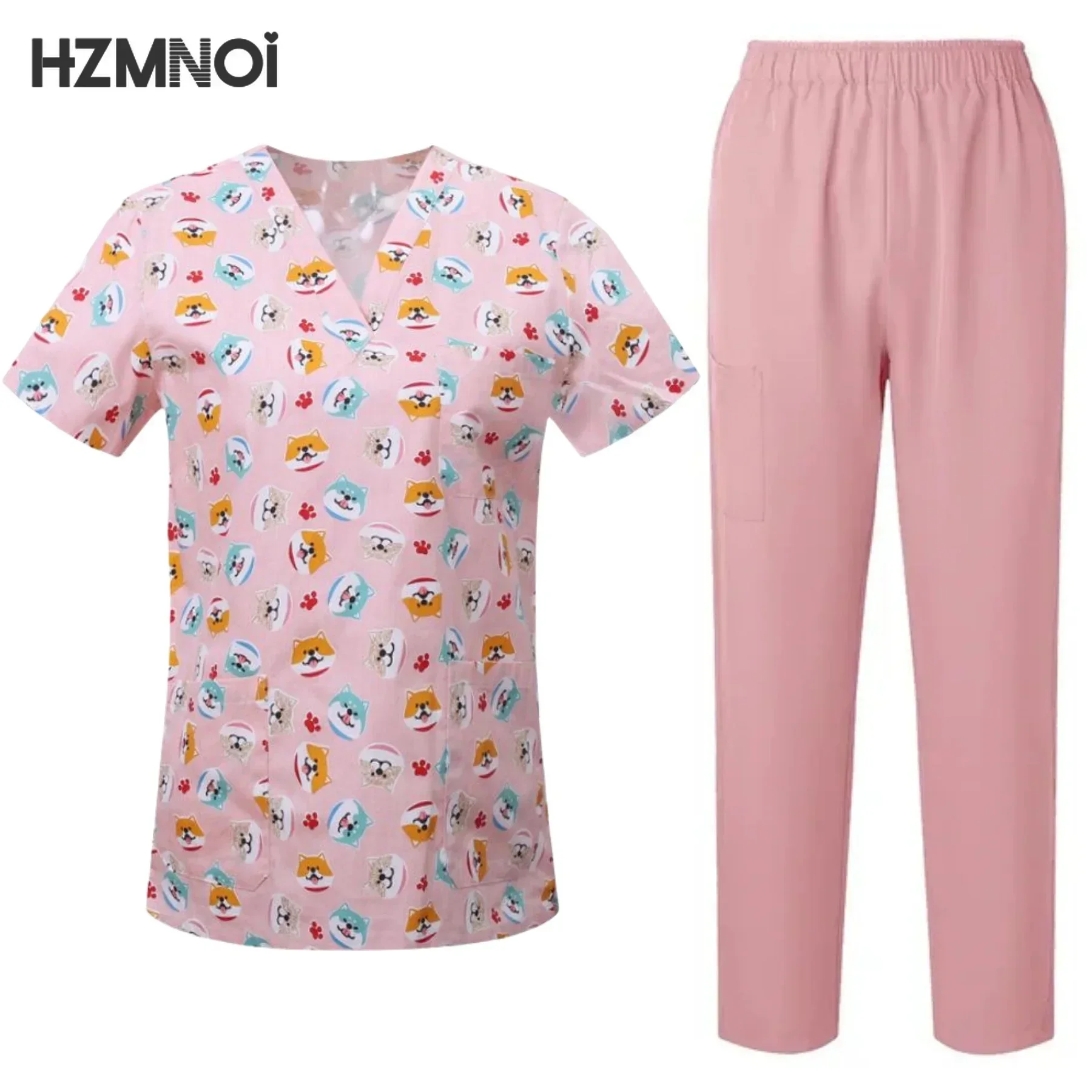 Surgical Uniforms Woman Printing Blouse Pockets Pants Medical Scrub Set Beauty Salon Workwear Clinical Scrubs Top+Pants Spa Suit