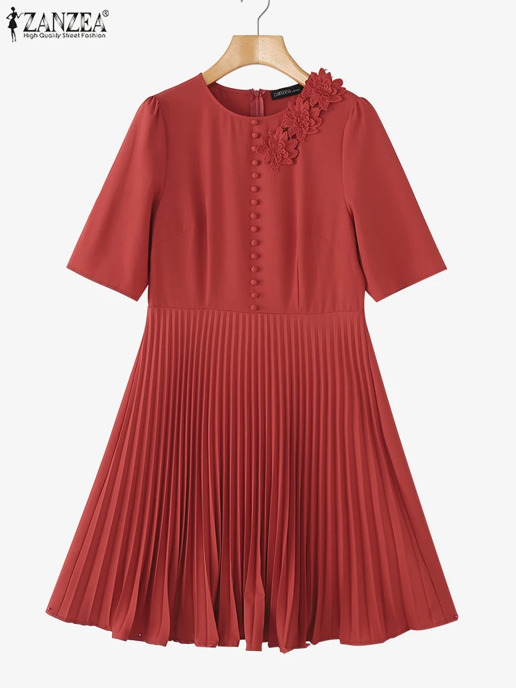 ZANZEA 2025 女性のサマードレスエレガントな 3D フラワーウエストエレガントなパーティーサンドレスファッションプリーツ膝丈オフィス Vestidos