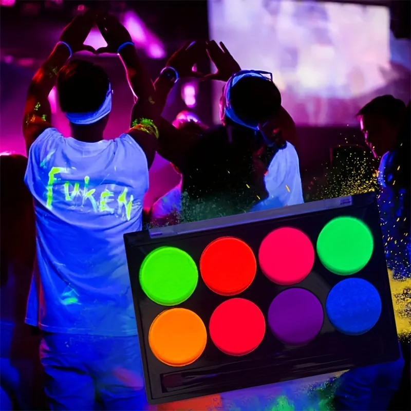 8 Color Face Paint with Sticker Luminiscent Face Body Painting UV Glow Fluorescent Glowing Halloween Party Fancy Dress Beauty