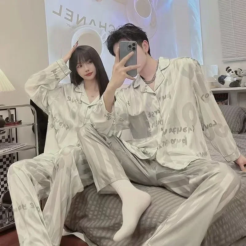 2024 New Couple Pajamas Women Spring Autumn Ice Silk Large Size Sleepwear Long Sleeved Thin Style Summer Men's V-neck Homewear