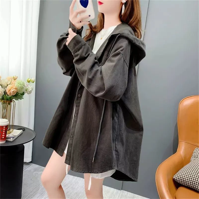 Koreaanse blouses met lange mouwen en capuchon, lente herfst, nieuwe mode, middellange losse top met lange mouwen, streetwear dameskleding