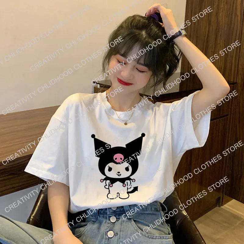 

Kuromi T-shirt Women Sanrio Anime Tee Shirts Kawaii Cartoon Manga Casual Clothes Cotton Fashion Oversized Unisex Streetwear Tops