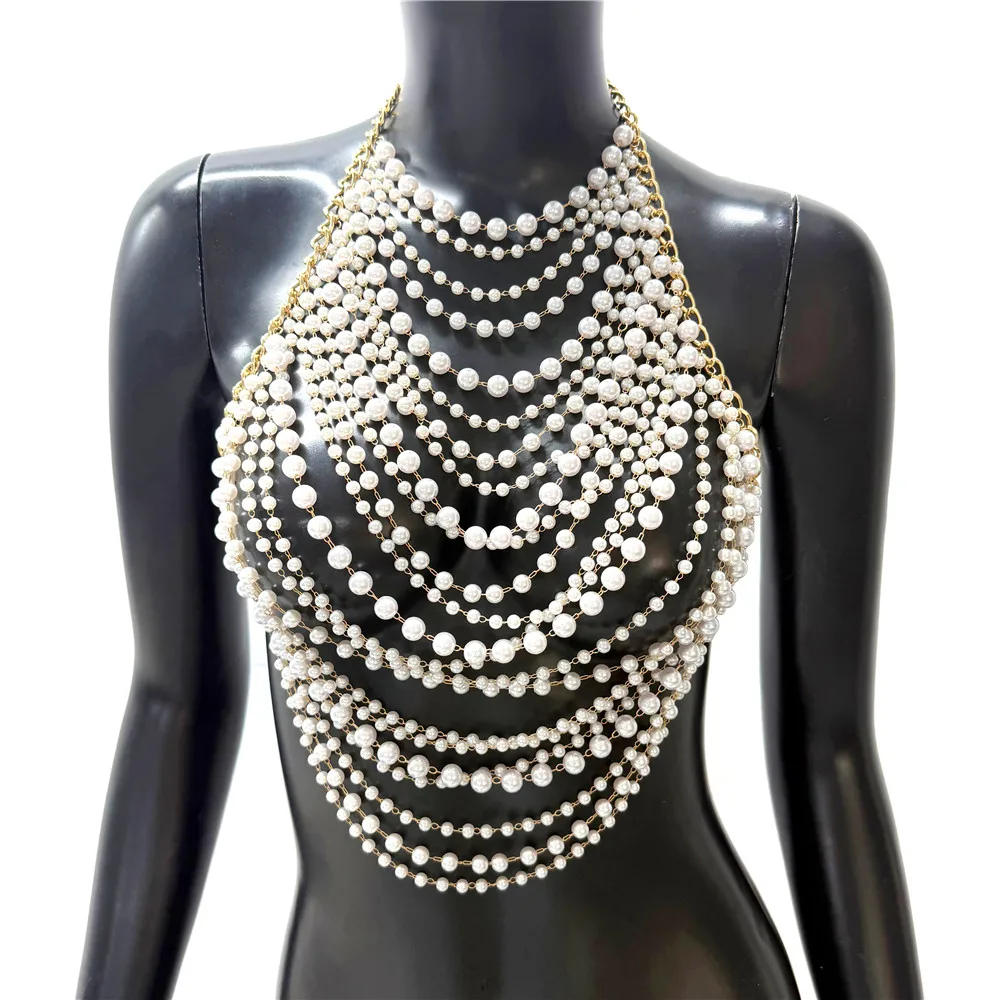 Elegant Tassel Pearl Chain Women Tank Top Body Chain Sexy Hollow Out See Through Backless Halter Neck Crop Top Party Club Camis