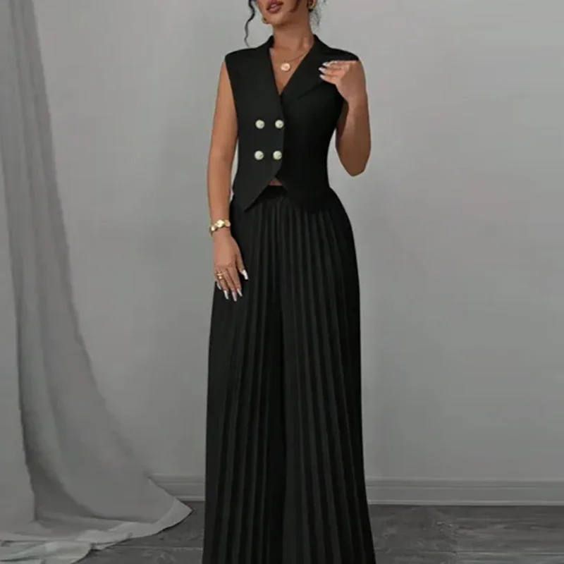 LIBIELIY Sexy Lapel Sleeveless Top & Long Pant Set Women Elegant Button Pleated Commute Suit Office Fashion Hight Waist Solid 2
