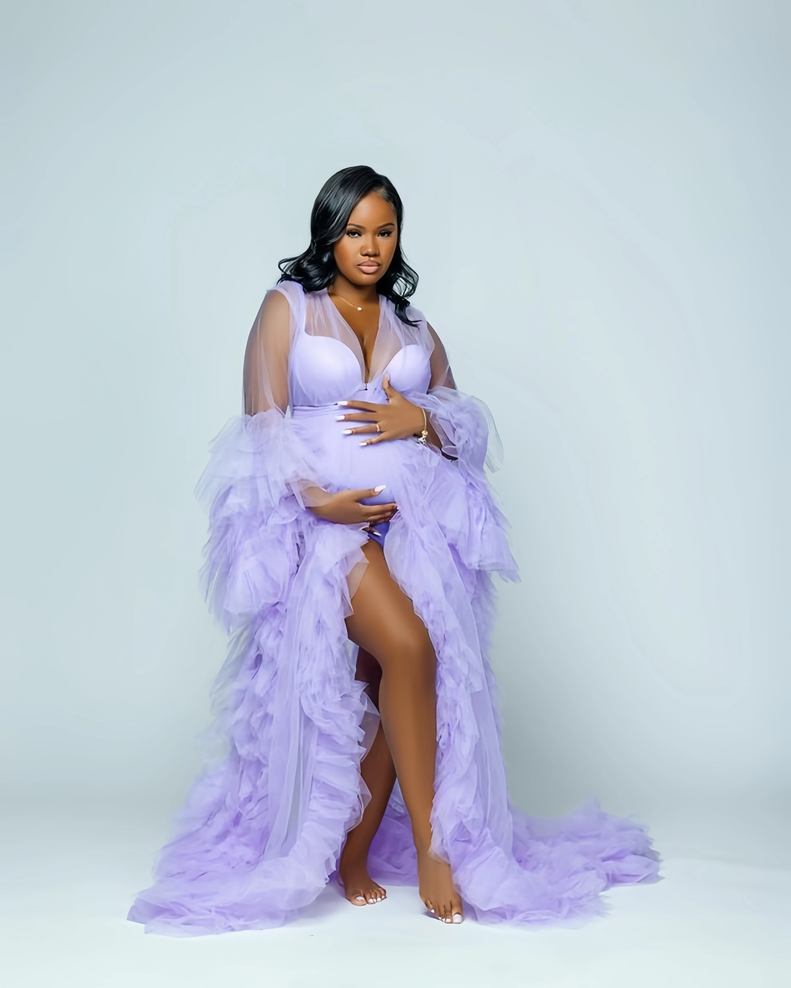 

Purple Ruched Maternity Dress for Photography Long Sleeve Photoshoot Robe Ruffled Vestidos De Gala Women Baby Shower Gowns