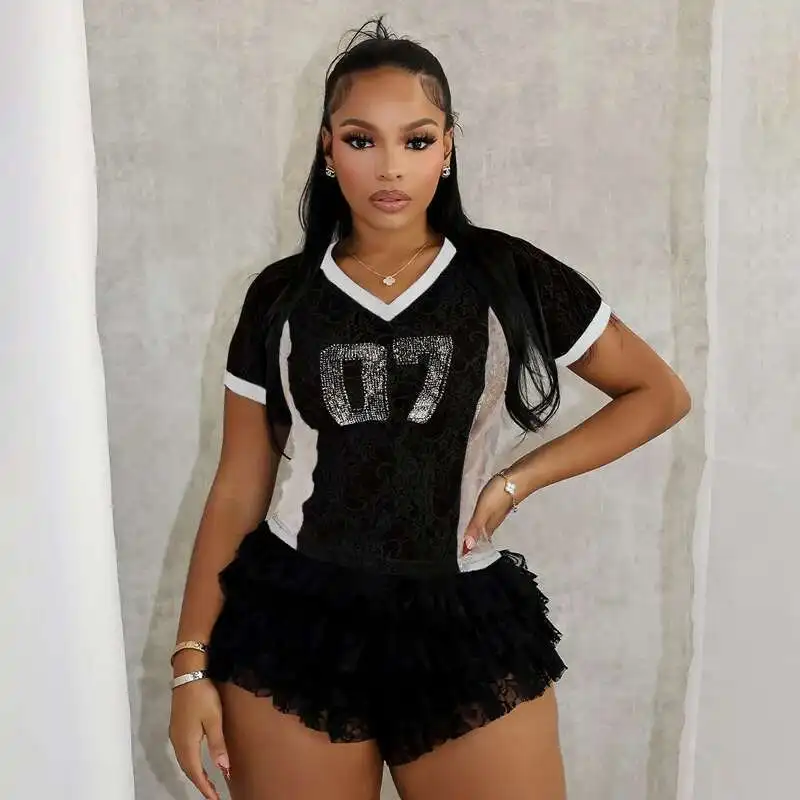 

French Contrasting D24tp670 Digital Hot Stamping Lace Mesh Splicing Short Top, Spicy Girl Perspective Versatile T-shirt