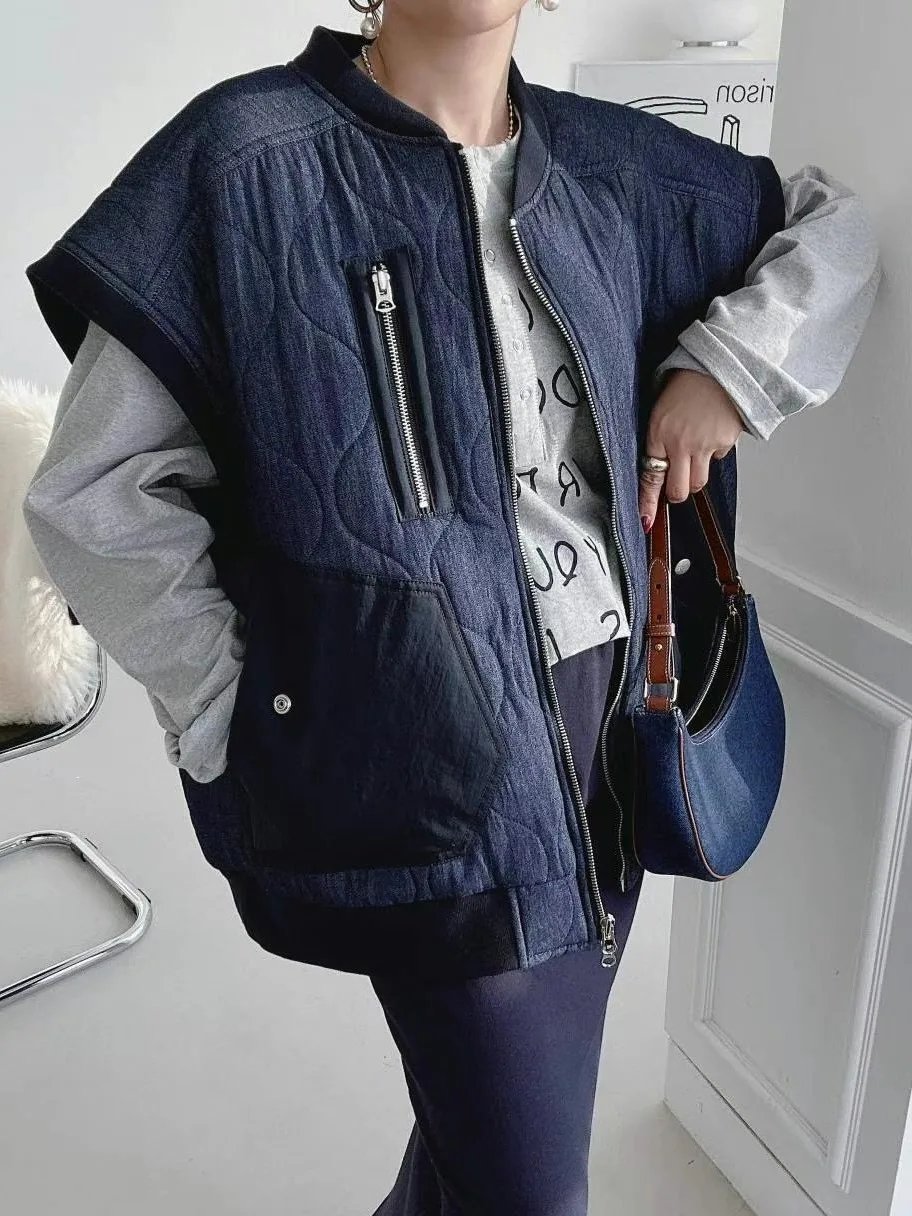 

Chic Autumn Winter Svel Stand Collar Loose Fit Vest Jaet Women's Faion Agel Lazy Sle Splicing Cotton Coat