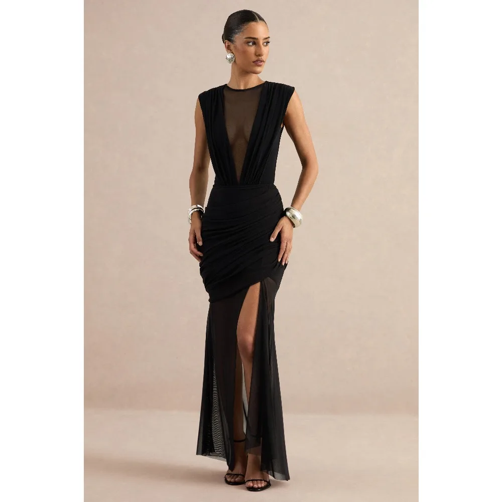 Customized Black Mesh Evening Dresses Bow Classic Party Dress Sheath High Slit Modern Elegant Prom Gowns for Women 2026 Bespoke