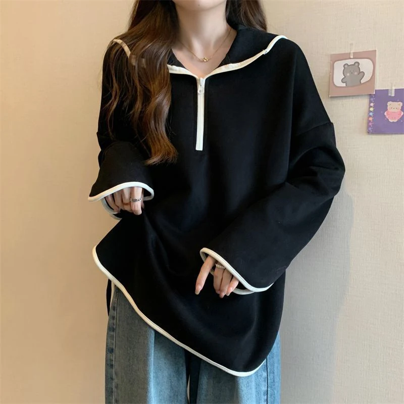 

Side Slit Autumn Winter Women Long Sleeve Zipper Hooded T Shirts Fashion Casual Oversized Pullovers New Popular Design Clothes