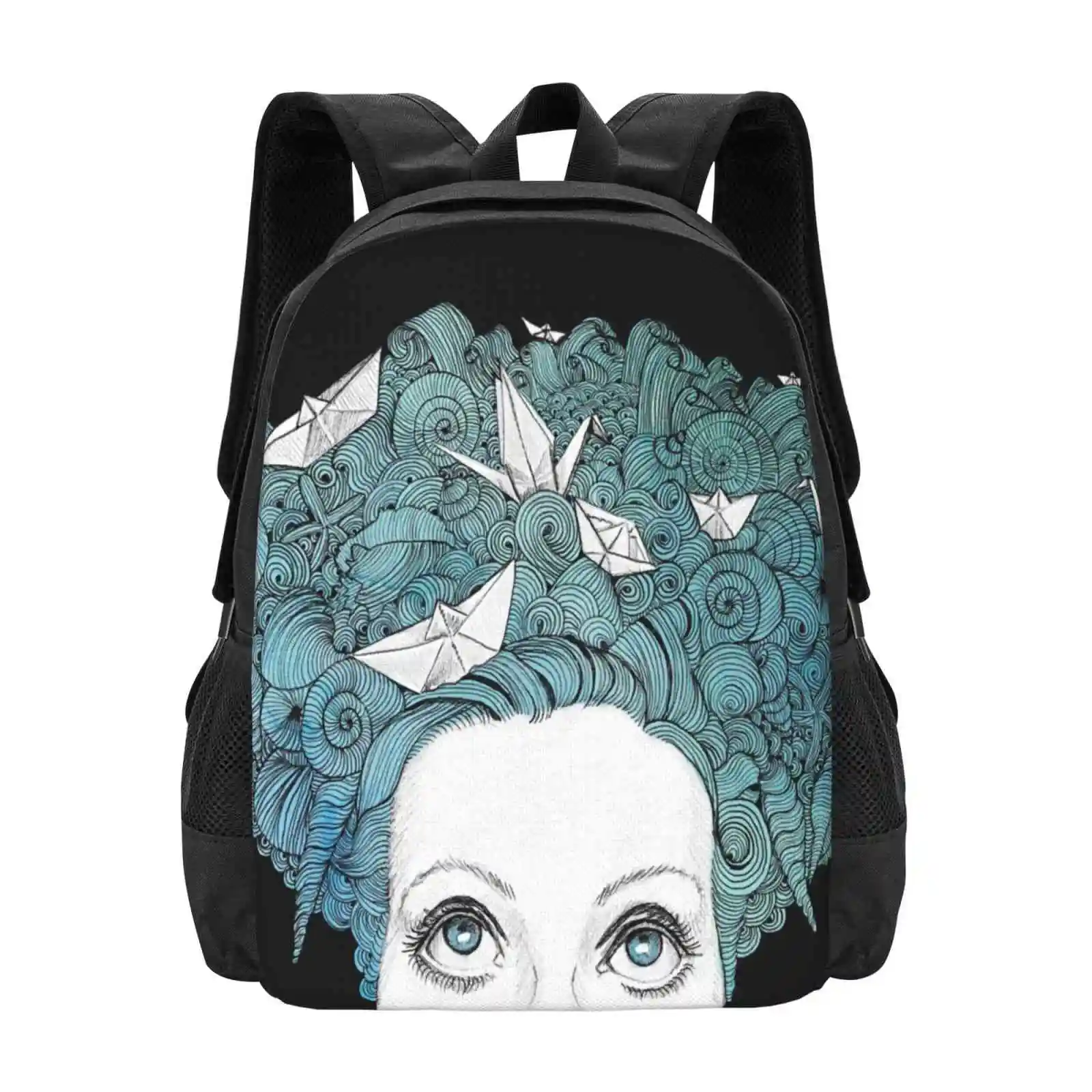 

Paper Boats Pattern Design Bag Student'S Backpack Paper Boats Girl Woman Hair Black White Line