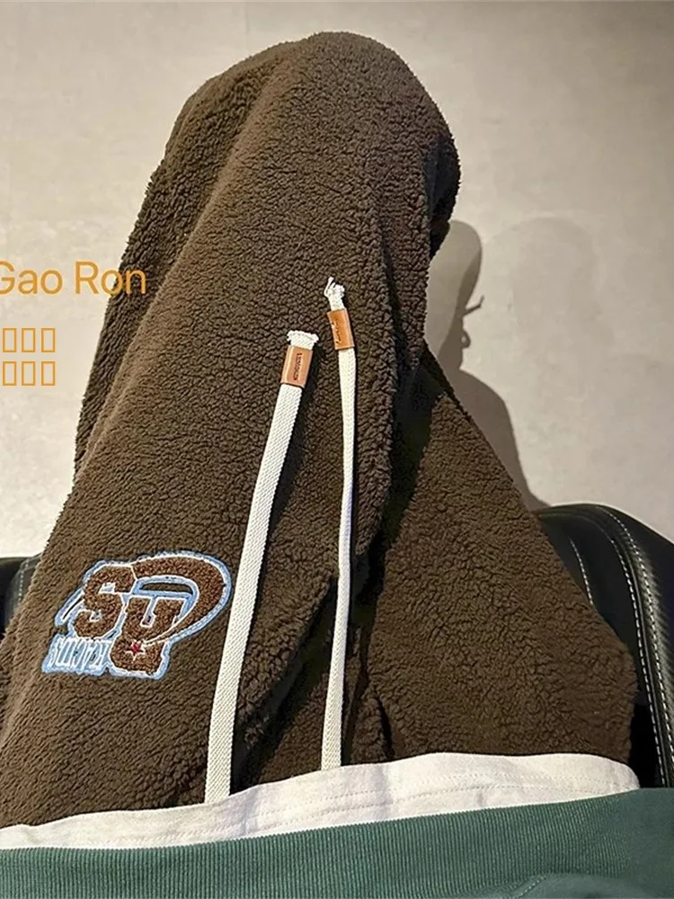 

American Sle Lamb Velvet Thiened Fce Men's Autumn Winter Cuffed Sweatpants Cool High-End Casual Long Trousers