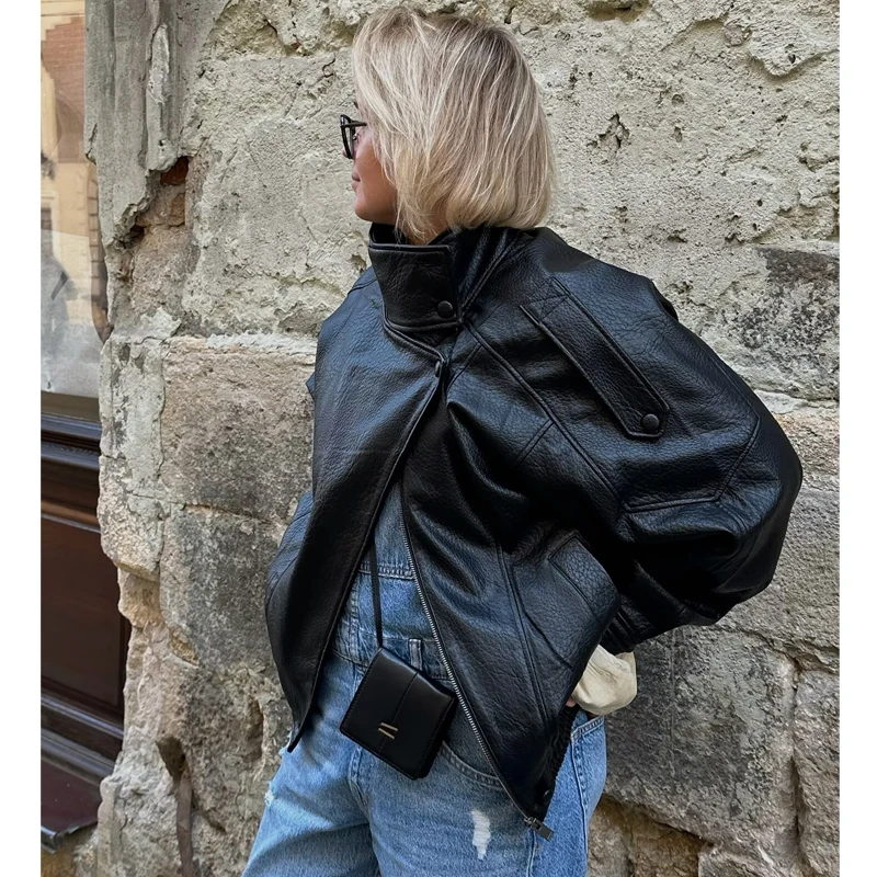 MUJER سترات من الجلد الصناعي الأسود للنساء ملابس خارجية مكتب المرأة Bomber سترة أزرار خاطفة ديمي الموسم سترة للنساء معطف