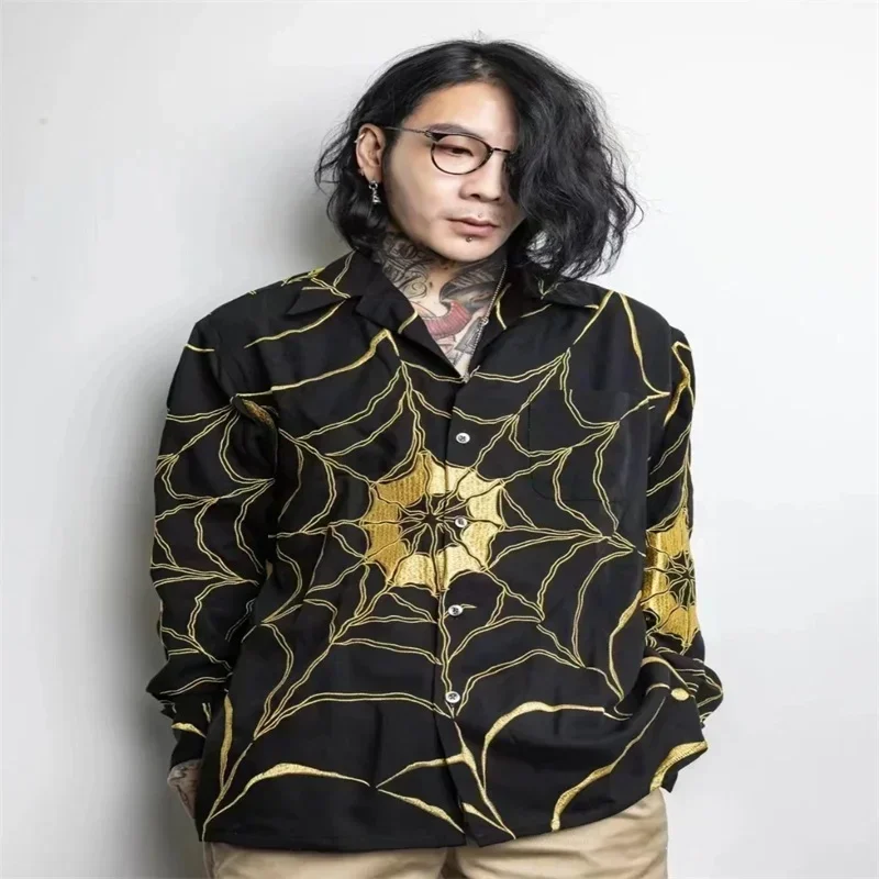 

24ss Spider Web Pattern Oversized Men Shirt Women Black Casual Hawaiian Shirts