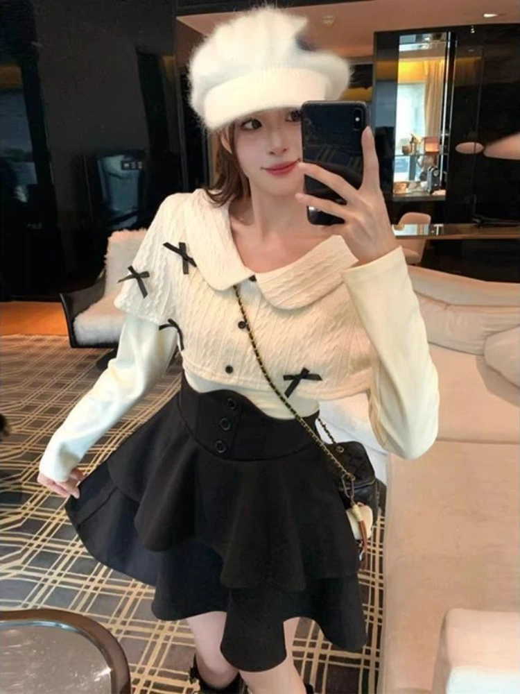 

Французские винтажные милые комплекты из 2 предметов, женские милые лоскутные блузки Y2k + мини-пушистая юбка, корейские кавайные сказочные наряды 2025