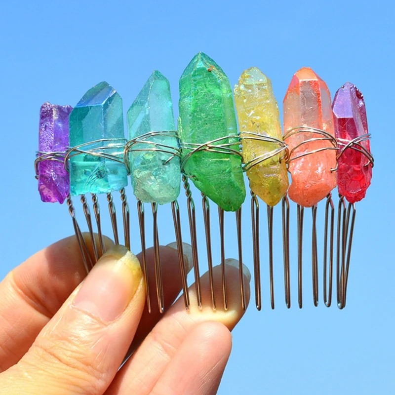 Wedding Bridal Jewelry Side Comb Rainbow for Raw Crystal Boho Hairp