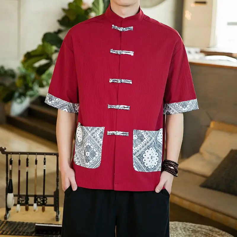 

Мужская рубашка в китайском стиле на весну-лето: тонкая, из хлопка и льна, с пэчворком, в стиле Ханьфу, с цветочной вышивкой, свободного кроя