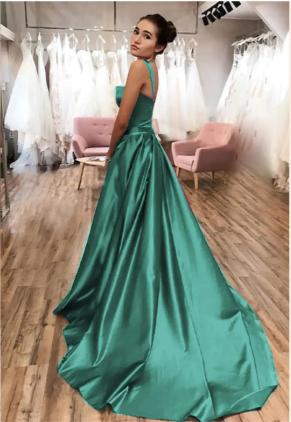 Elegant Green Women Spaghetti Straps Satin Prom Dress Long Side Slit A-line Formal Evening Luxurious Dresses With Pockets