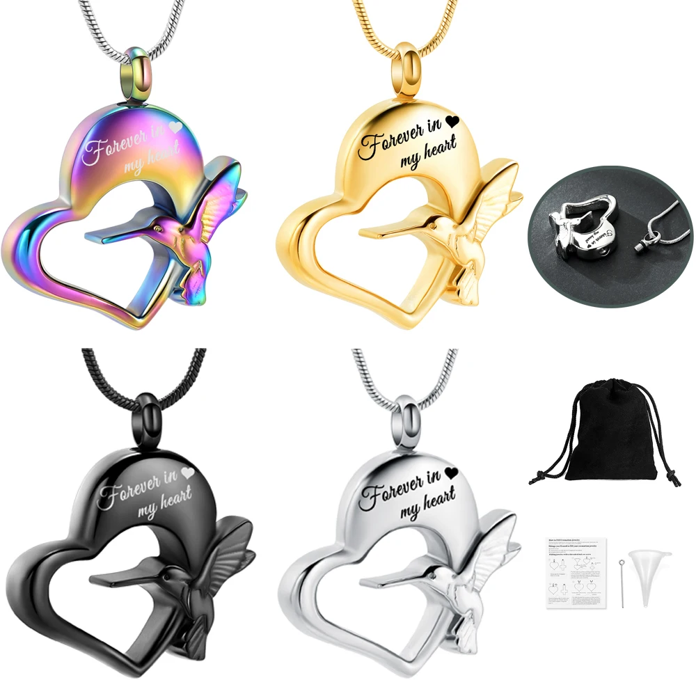 Stainless Steel Urn Necklace Funeral Bird Heart Pendant For Dog Cat Ashes Free Engraved Memorial Women 's Gift Cremation Jewelry