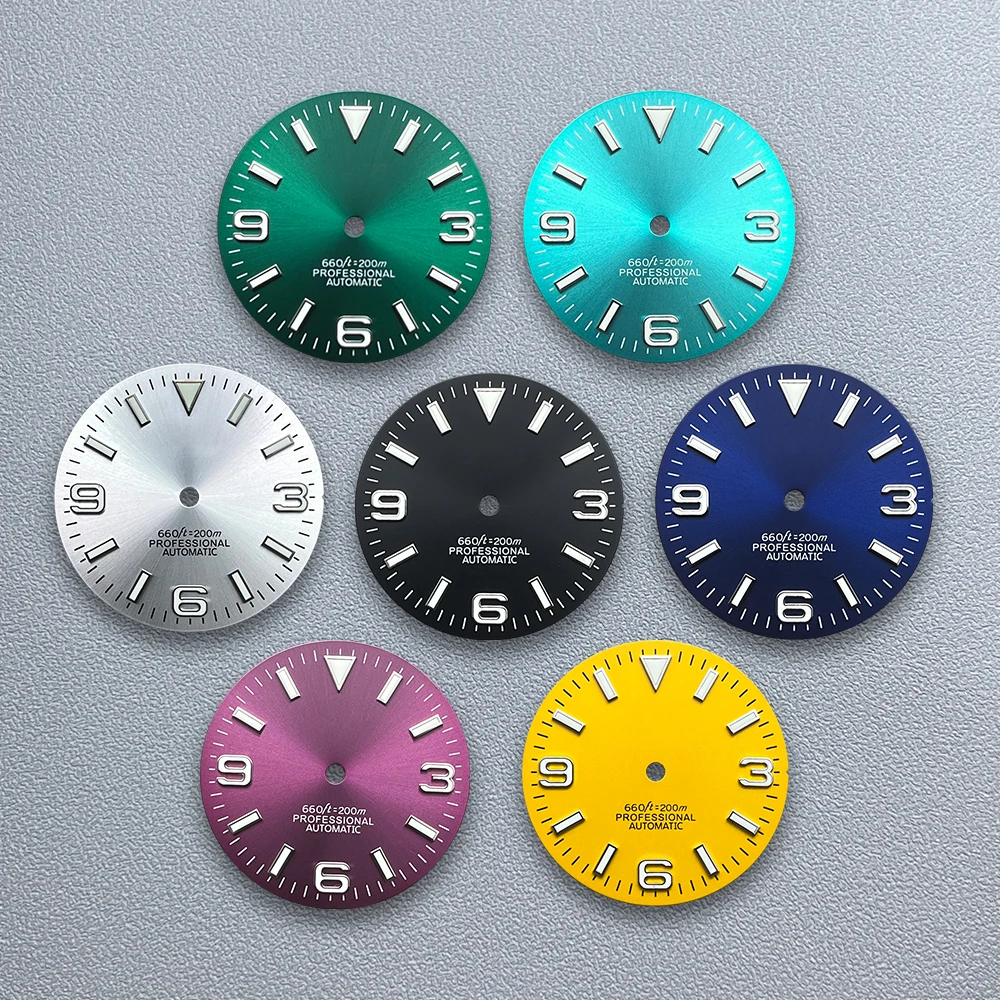 28.5mm S Logo Ex plorer Sunray Dial Suitable For NH35/NH36 Japanese Movement Green Luminous Watches Modification Accessories