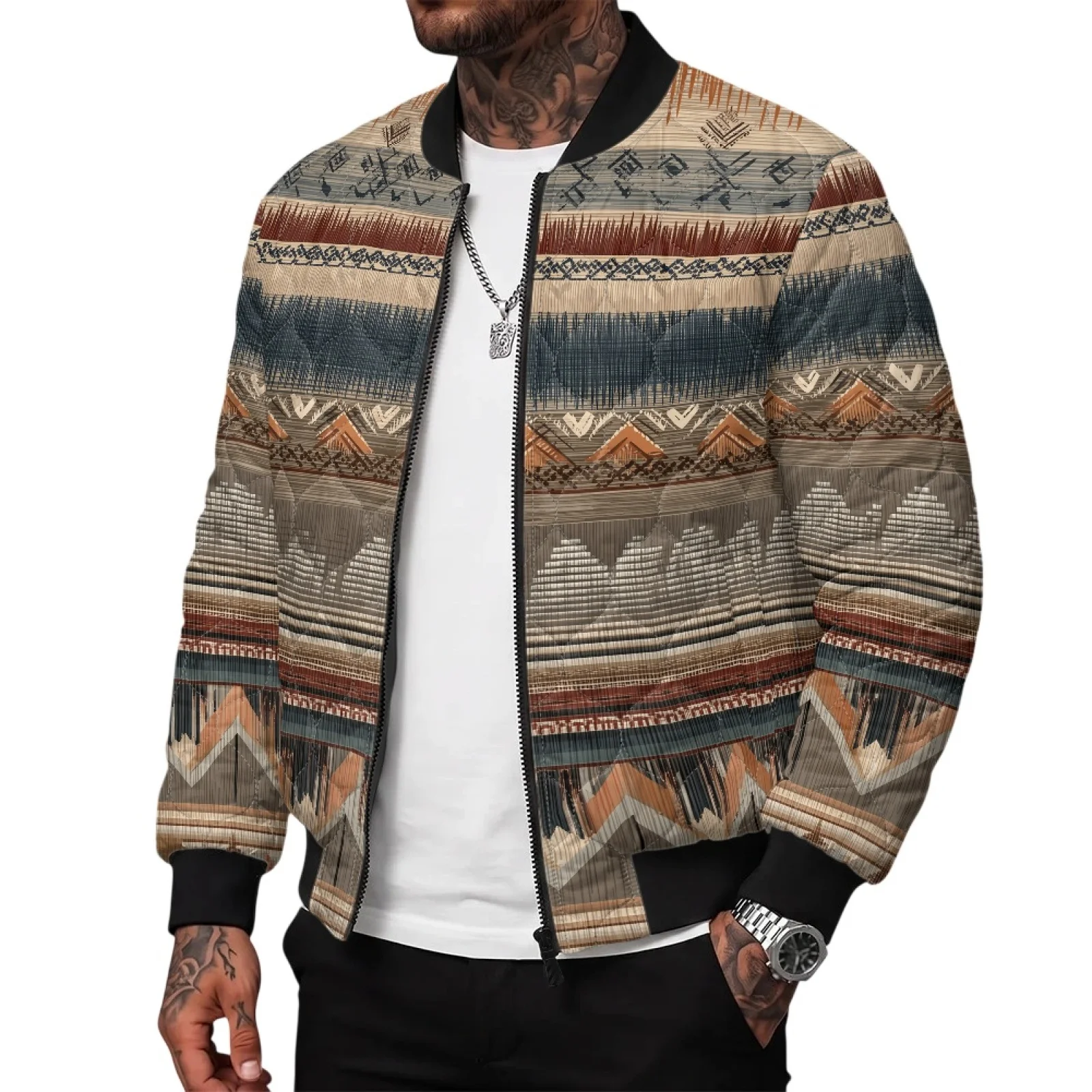 PENSTROLL Ikat Print Men Light Padded Long Sleeve Jacket with Zipper Front Comfortable Long Sleeve Coat for Travel